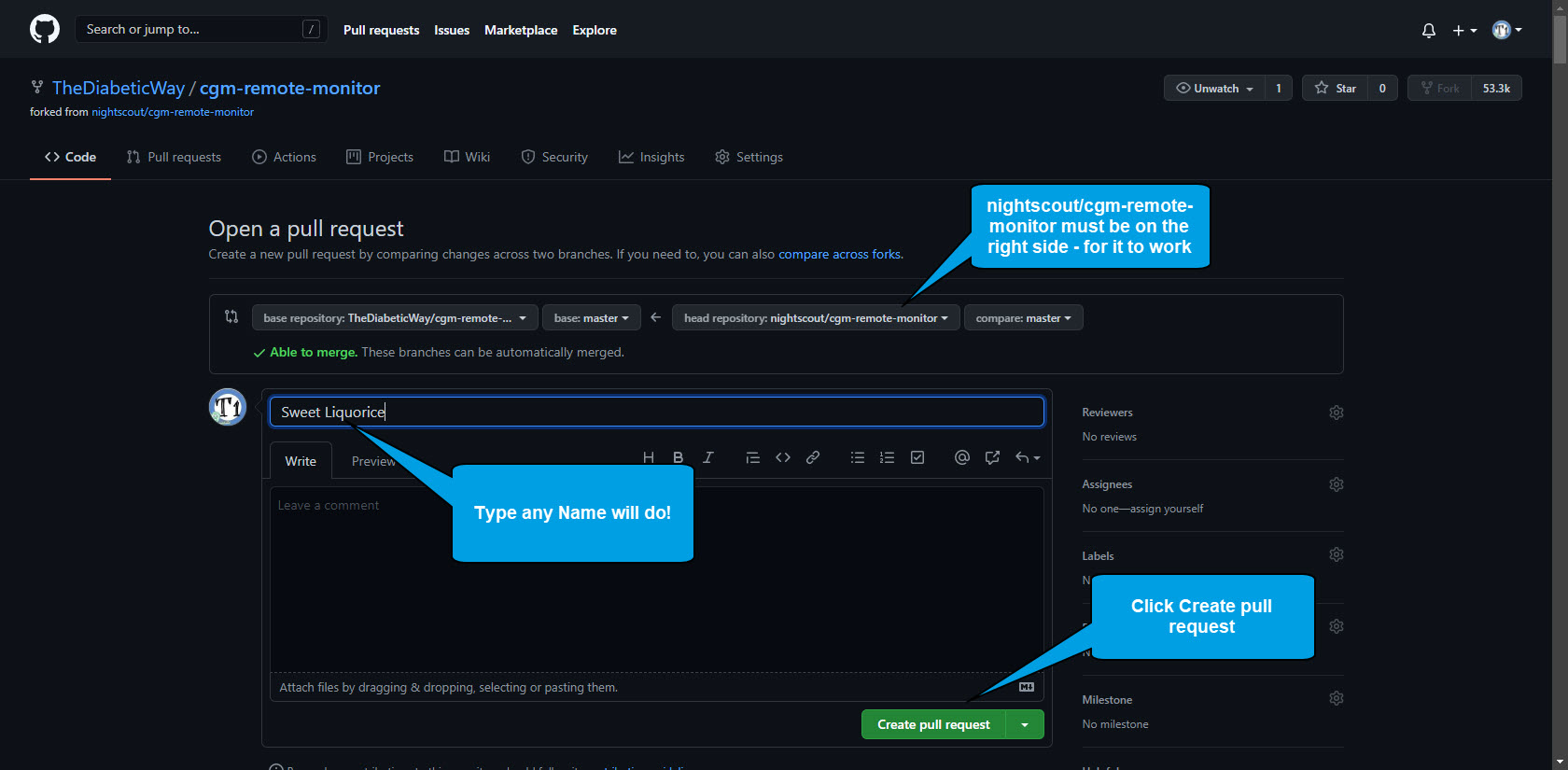 Your fork must be on the left side and the nightscout/cgm-remote-monitor must be on the right. right.